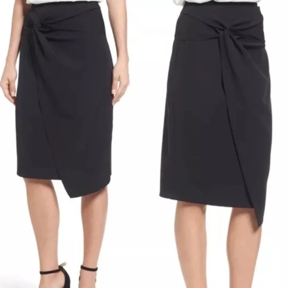 NWT Twist Front knee length asymmetrical  black pencil skirt Sz L - Picture 3 of 11